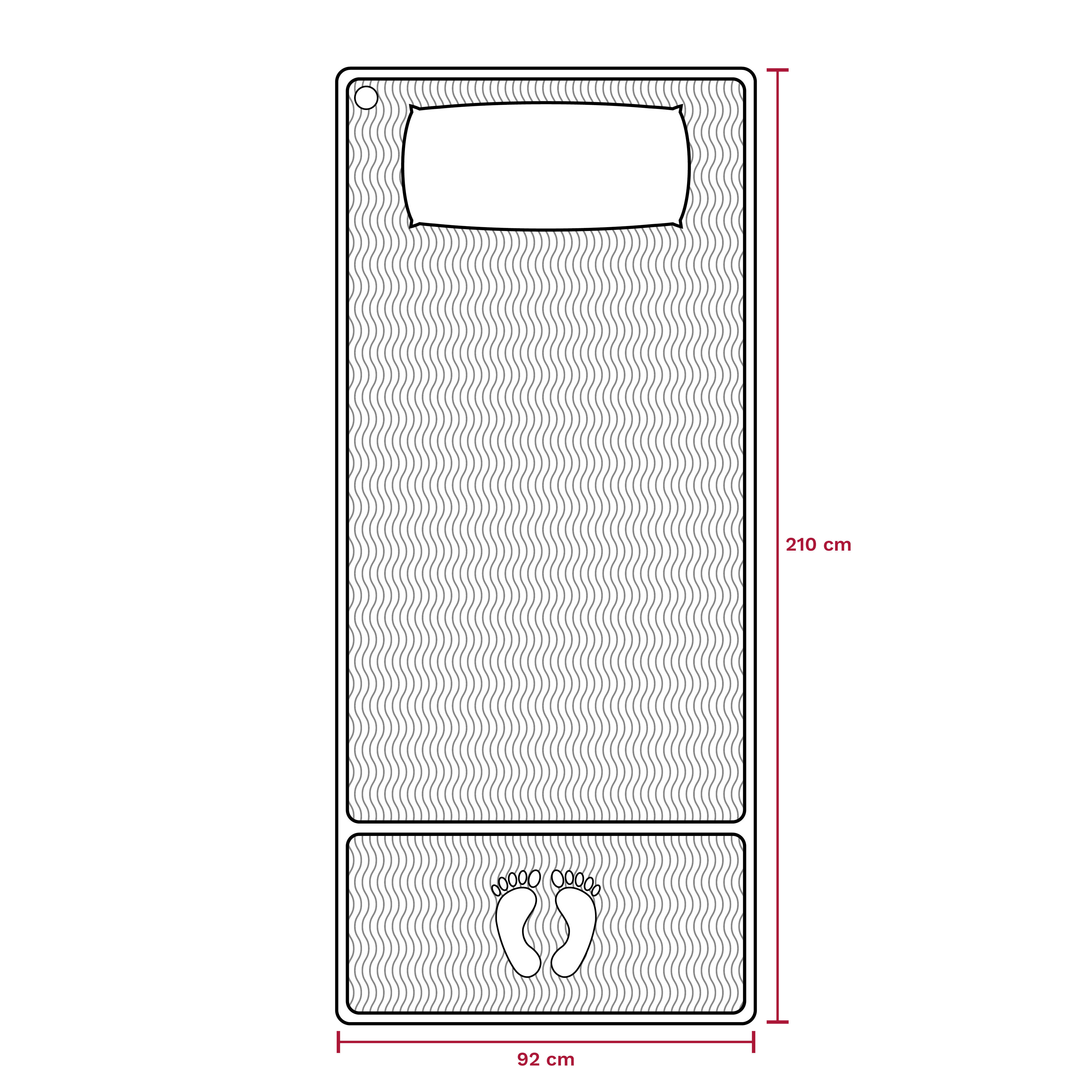 Technical drawing of a lying mat with pillow and footprint, 210x92 cm.