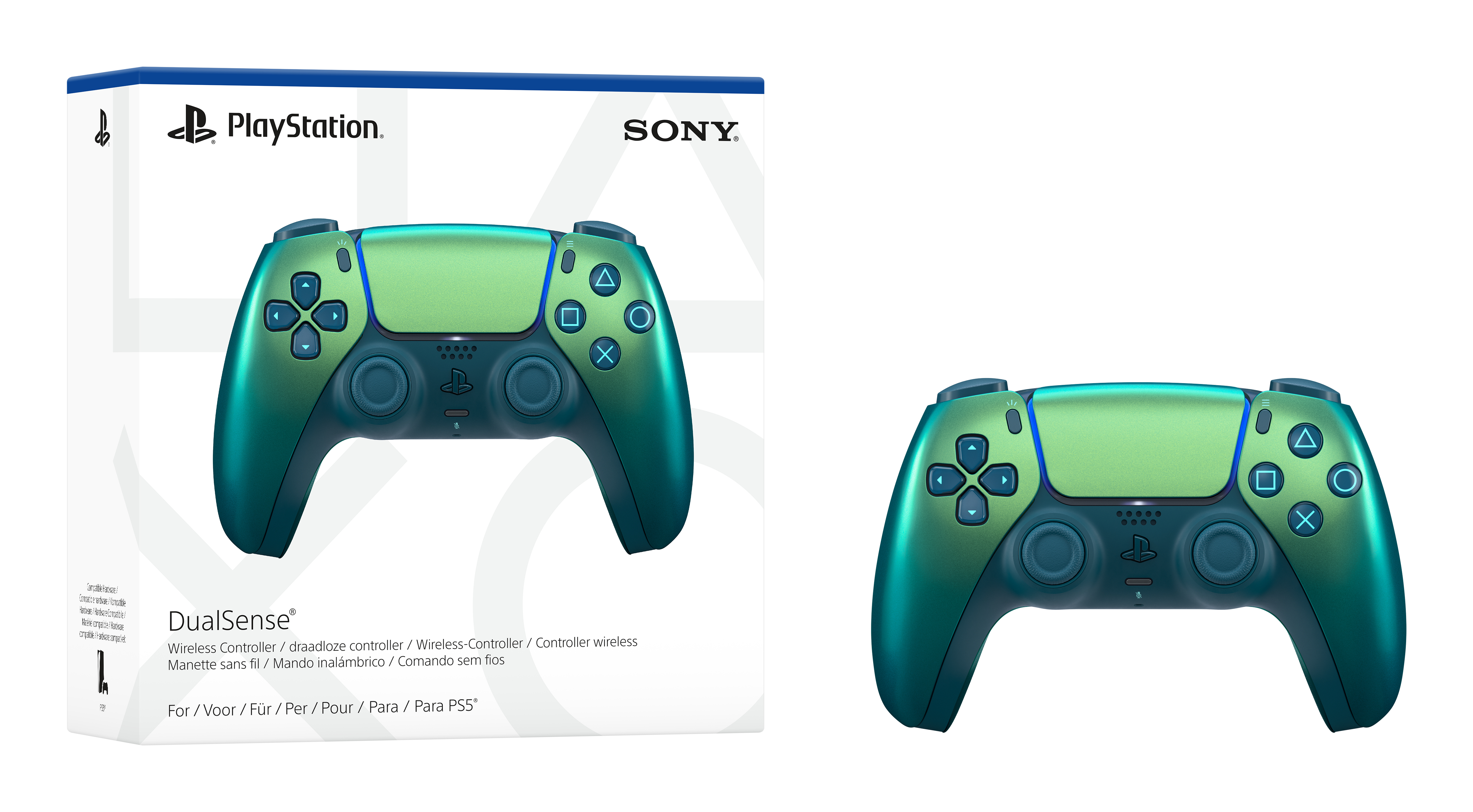 Un controller wireless DualSense per PlayStation 5 verde e blu con la sua confezione.