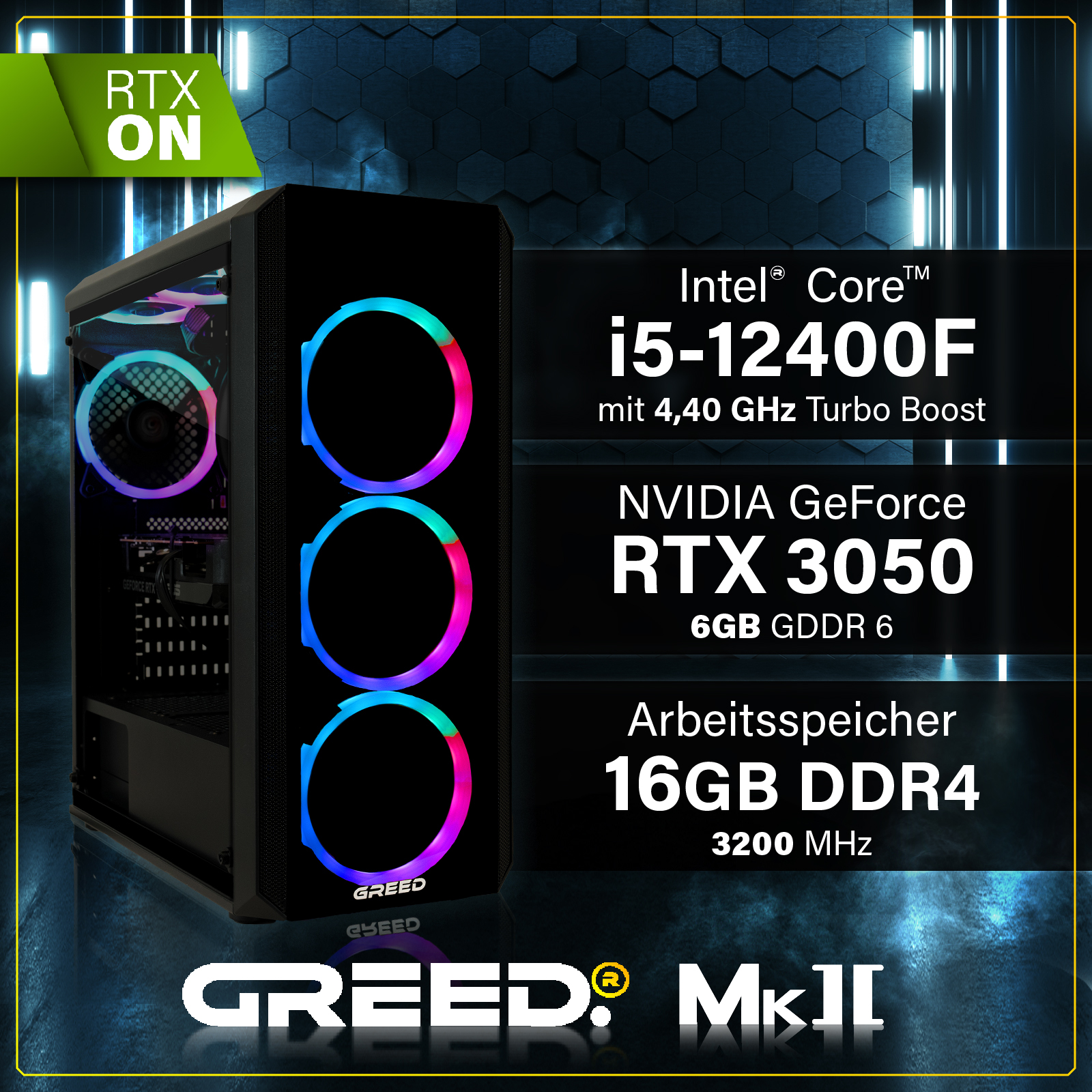 PC gaming con ventiladores RGB, procesador Intel i5, tarjeta gráfica RTX 3050 y 16GB de RAM sobre fondo oscuro.