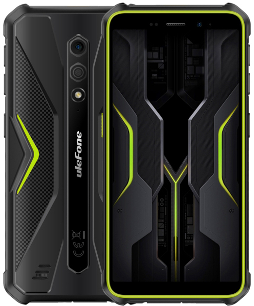 Due smartphone Ulefone neri e verde lime mostrati di fronte e di schiena su sfondo bianco.