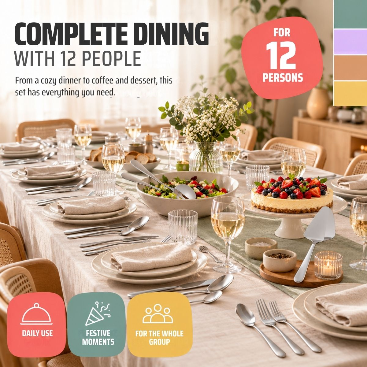 Ein gedeckter Esstisch für zwölf Personen mit Essen, Weingläsern, Tellern, Salat und Kuchen, bewirbt ein Essset.