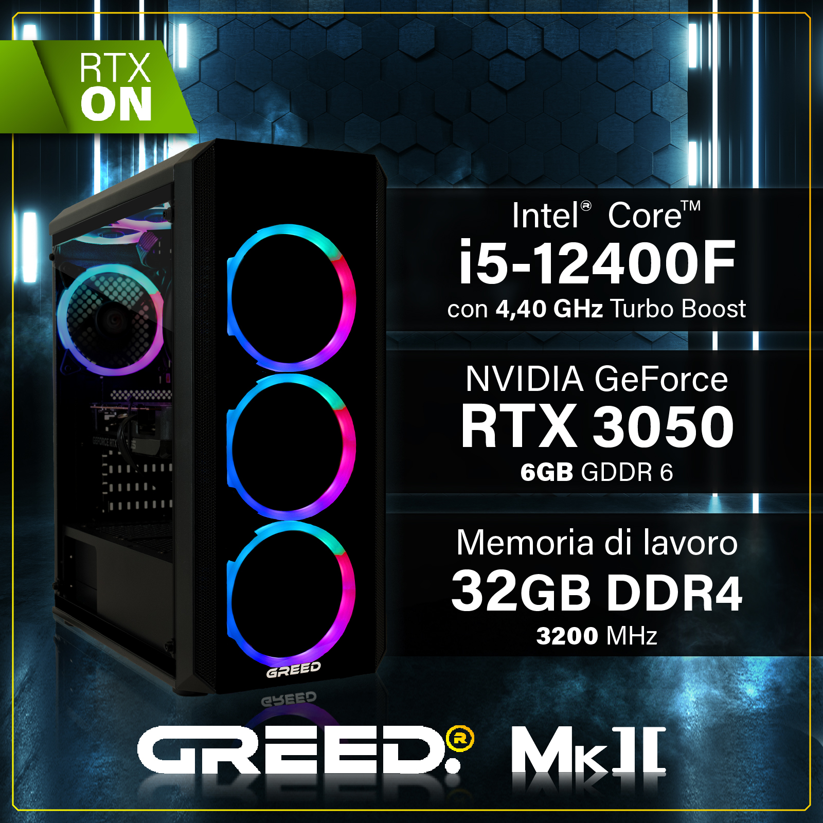 Un PC da gaming nero con ventole RGB su sfondo blu mostra le specifiche di Intel i5, RTX 3050 e 32GB di RAM.