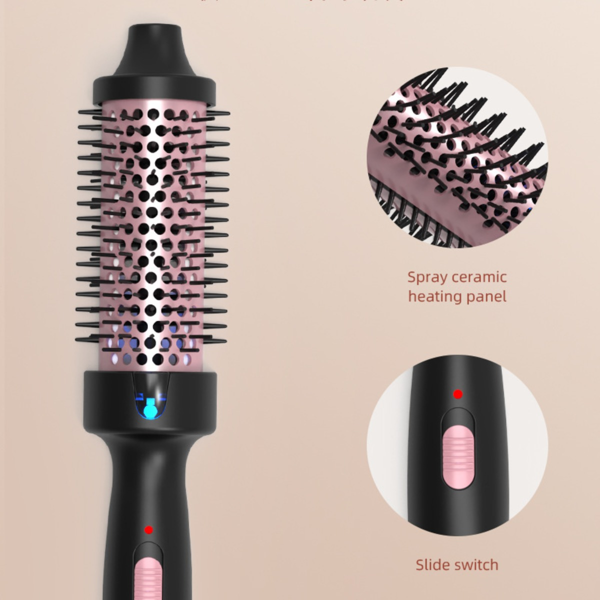 Un cepillo de pelo rosa y negro con acercamientos del panel calefactor cerámico y el interruptor.