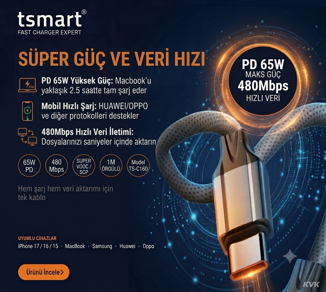 Hızlı şarj ve veri aktarımı özellikli tsmart 65W PD kablo reklamı.