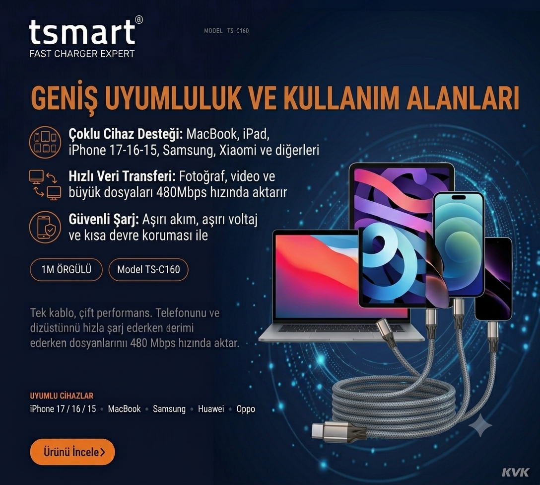 Koyu arka plan üzerinde laptop, tablet ve akıllı telefonlara bağlı şarj kablosunu gösteren TSmart reklamı.