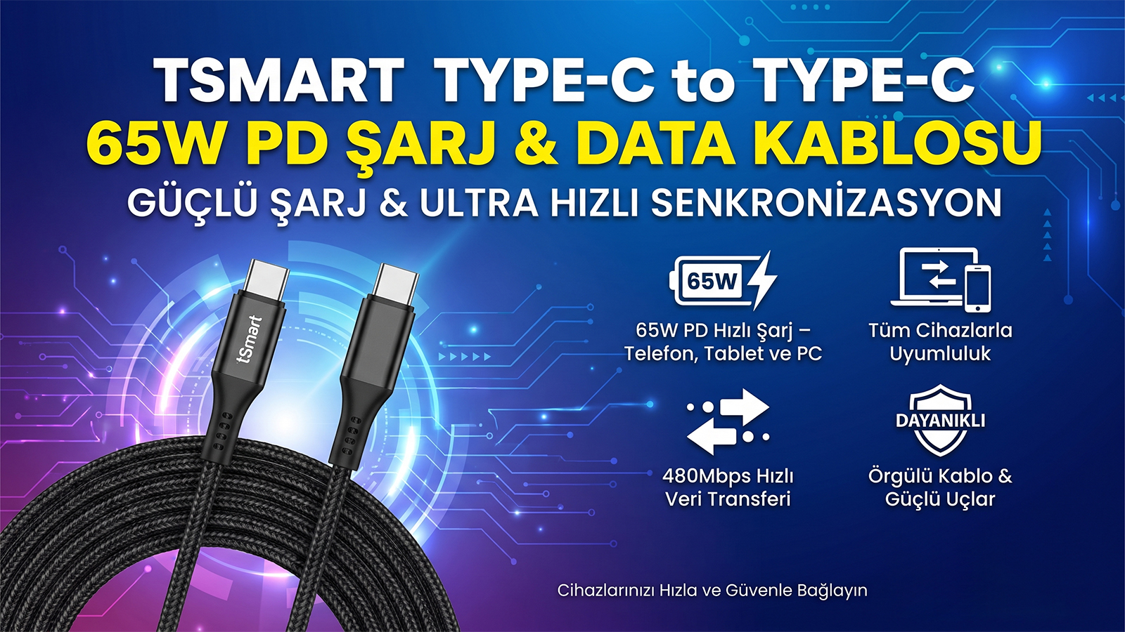 Mavi teknoloji arka planında TSMART Type-C'den Type-C'ye 65W PD şarj ve veri kablosu.