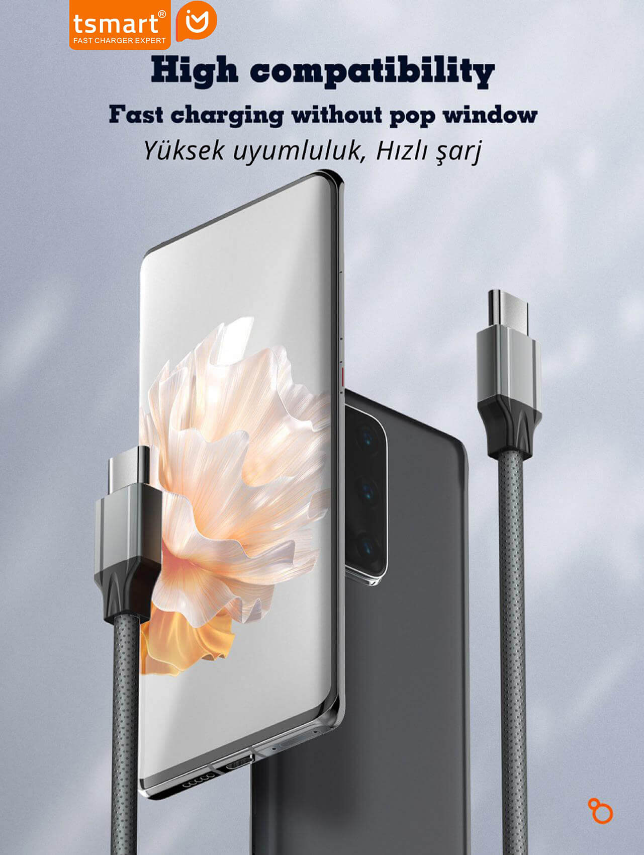 İki USB-C kablolu ve yüksek uyumluluk metinli akıllı telefon.
