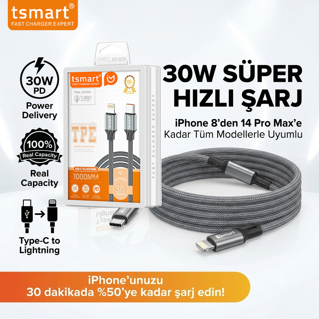 Paketiyle birlikte gri örgülü Type-C - Lightning kablosu ve 30W hızlı şarj yazısı.
