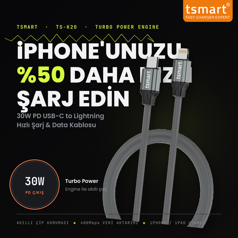 Siyah arkaplan üzerinde tanıtım yazısıyla birlikte gri Tsmart USB-C - Lightning şarj kablosu.