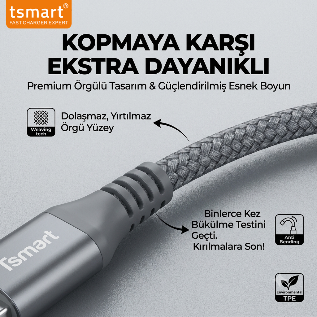Örgülü, dayanıklı gri şarj kablosunun yakın plan görüntüsü, güçlendirilmiş esnek boyun ve Türkçe yazılar.