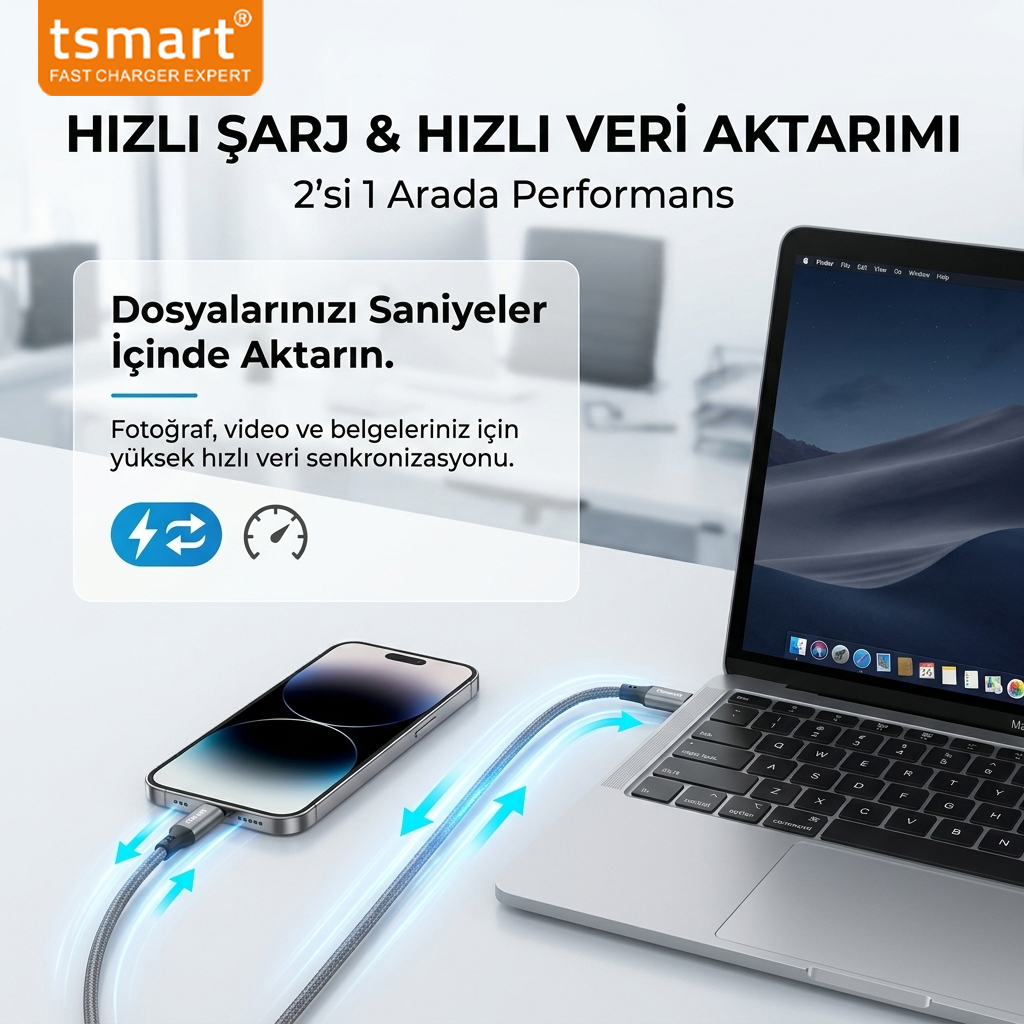Örgülü bir kabloyla birbirine bağlanan akıllı telefon ve dizüstü bilgisayar, hızlı veri aktarımı.