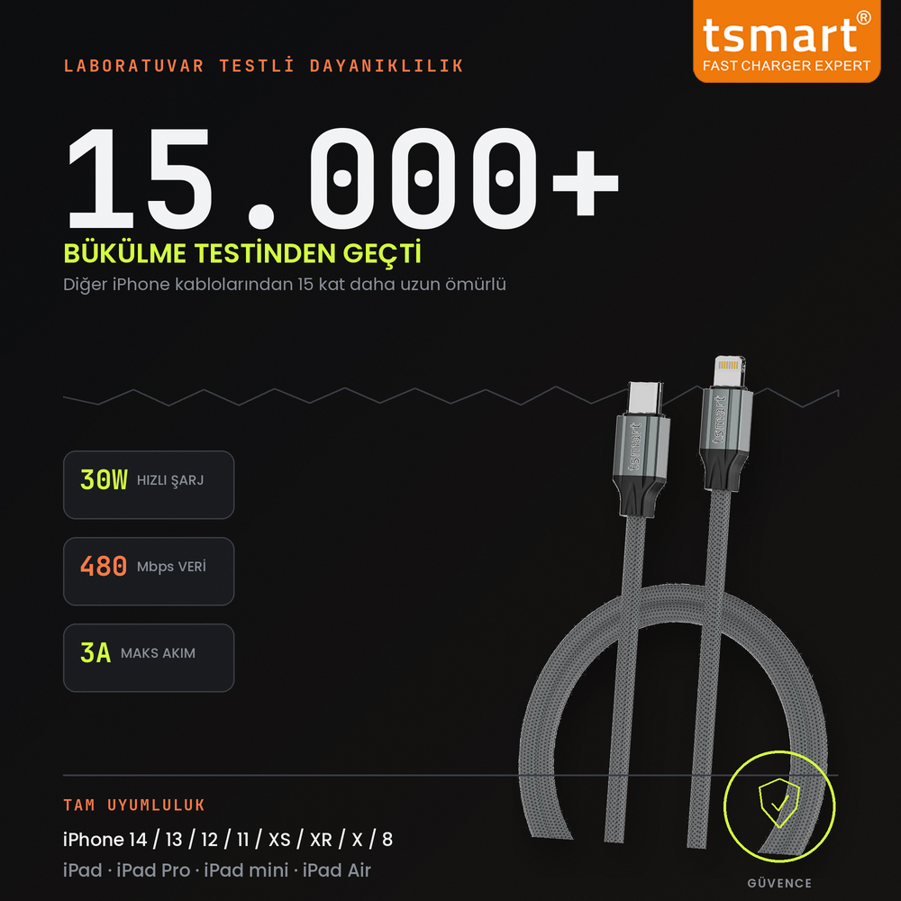 Type-C - Lightning uçlu, 30W hızlı şarj özellikli, dayanıklı Tsmart şarj kablosu.