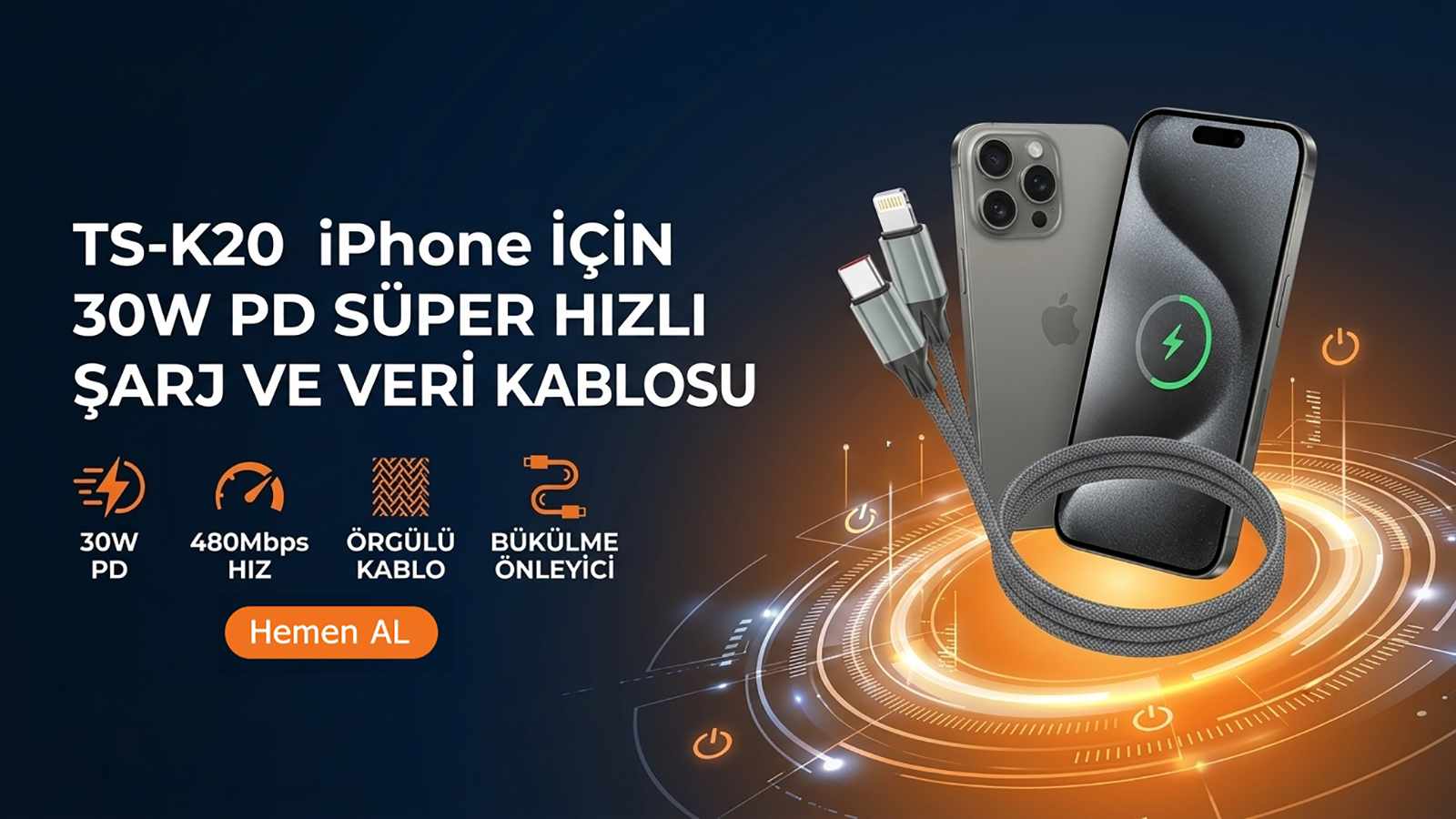 Akıllı telefon, metin ve turuncu grafikler içeren 30W PD örgülü şarj kablosu için tanıtım görseli.