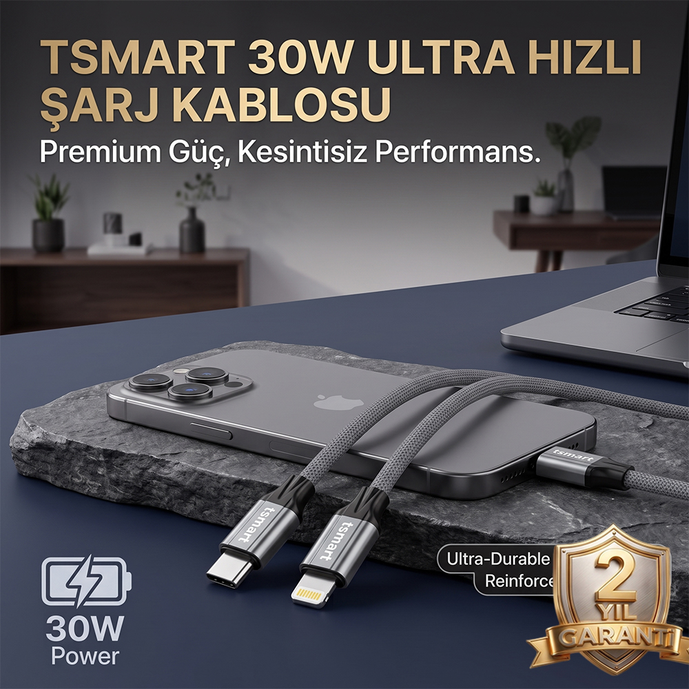 Taş üzerinde iPhone'a bağlı TSMART 30W hızlı şarj kablosu.