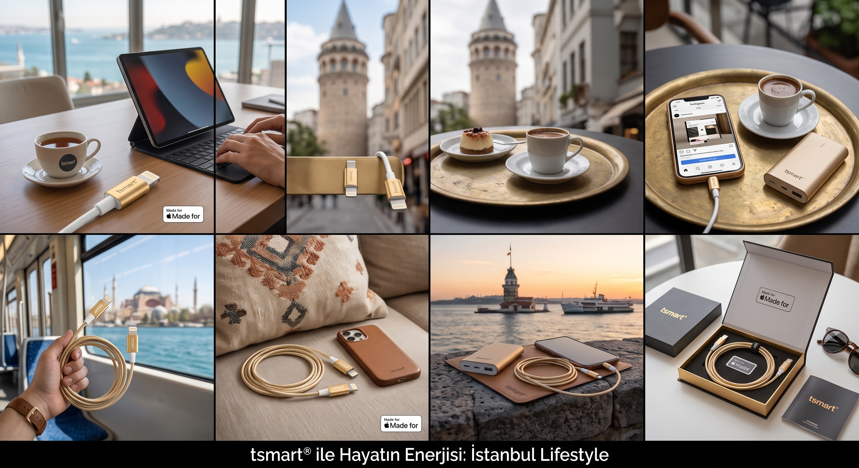 Çeşitli İstanbul sahneleri, tsmart şarj kabloları ve taşınabilir şarj cihazlarını Apple cihazları ve kahve ile gösteriyor.