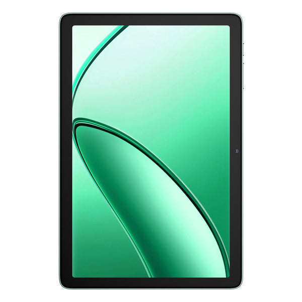 Un tablet con cornice nera mostra uno schermo verde chiaro con linee curve.