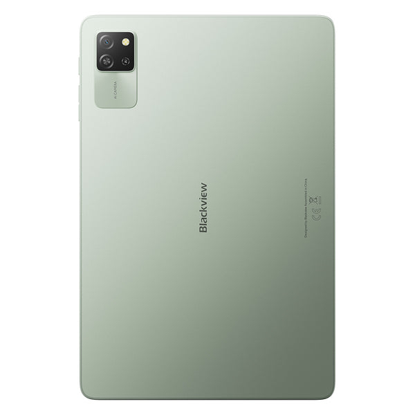 Retro di un tablet Blackview verde chiaro con doppia fotocamera in alto a sinistra e logo al centro.