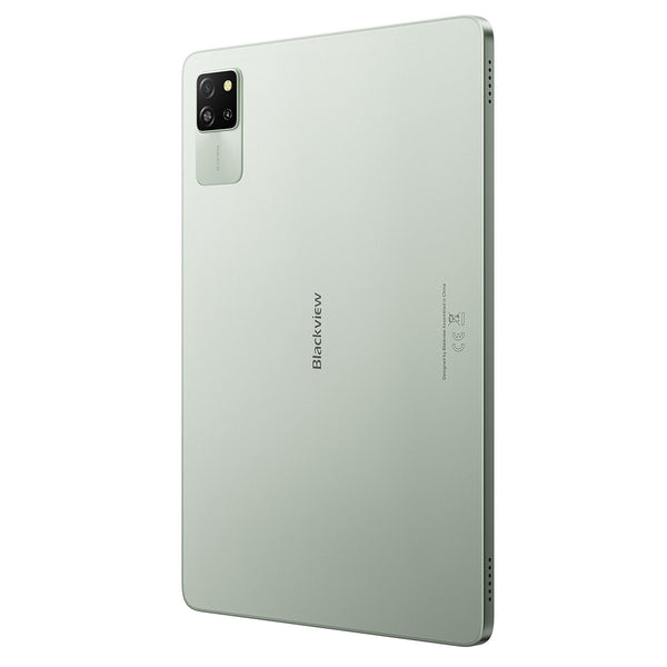 Retro di un tablet Blackview verde chiaro con modulo fotocamera rettangolare in alto a sinistra e logo centrale.