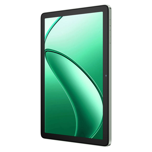 Un tablet argentato inclinato a sinistra con uno sfondo astratto verde su sfondo bianco.