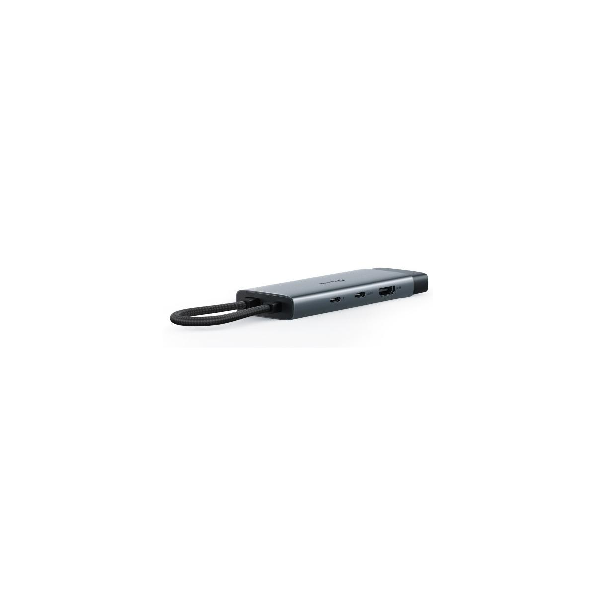 A grey multi-port USB-C adapter with a braided black cable on a white background.