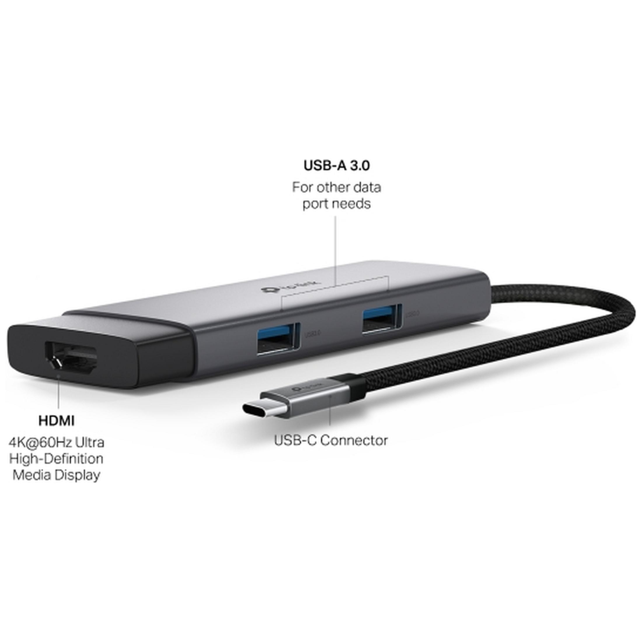 Grauer USB-C-Hub mit HDMI-Anschluss, zwei USB-A-3.0-Anschlüssen und einem geflochtenen Kabel.