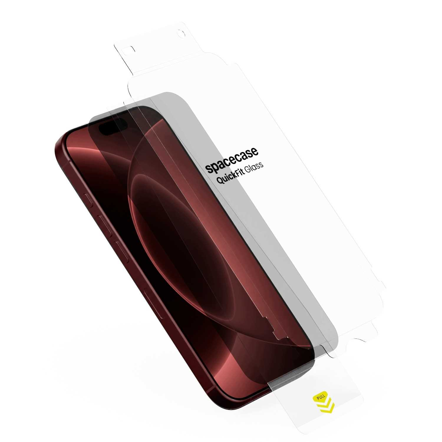 Czerwony smartfon ze szklaną folią ochronną spacecase QuickFit na białym tle.