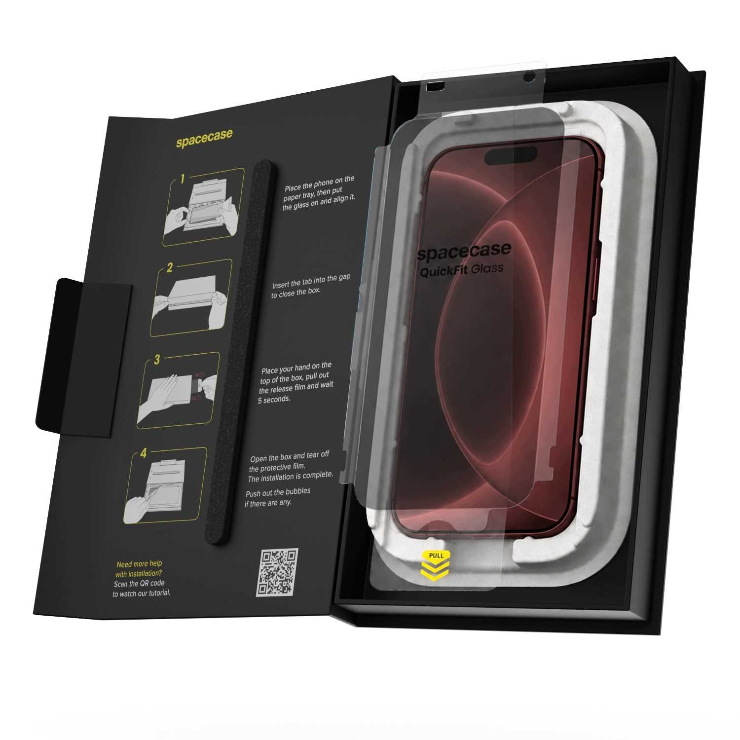 Zestaw szkła ochronnego Spacecase QuickFit w otwartym czarnym pudełku z instrukcją krok po kroku.
