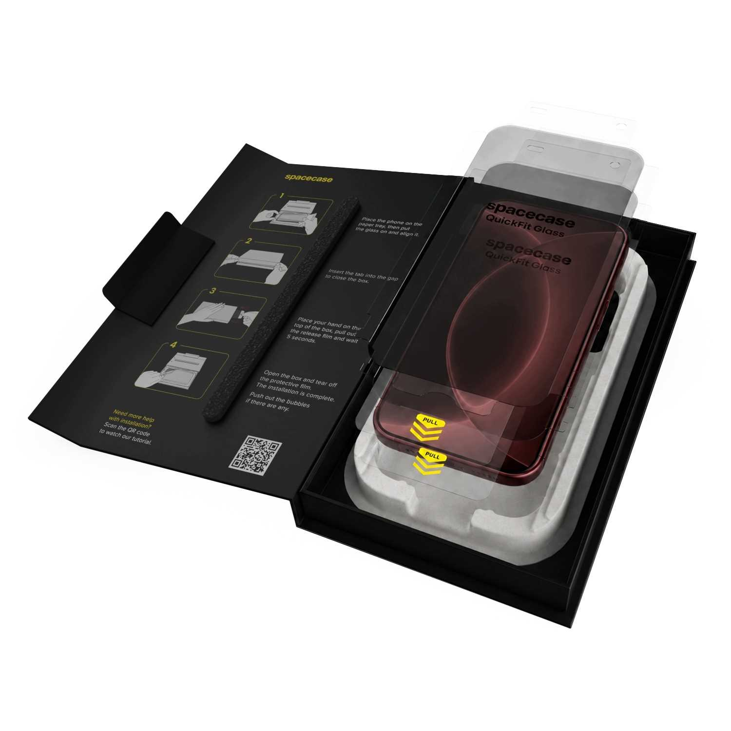 Zestaw szkła ochronnego Spacecase QuickFit w czarnym pudełku z instrukcją i tacką na telefon.