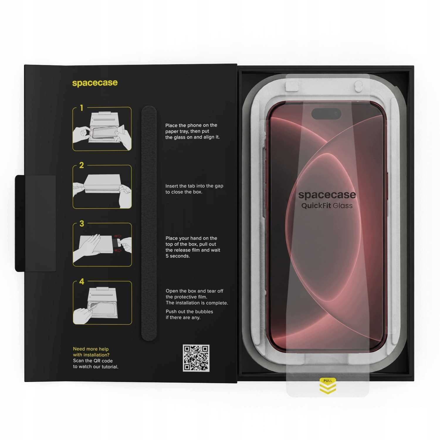 Instrukcja instalacji po lewej stronie oraz smartfon ze szkłem ochronnym w pudełku po prawej stronie.