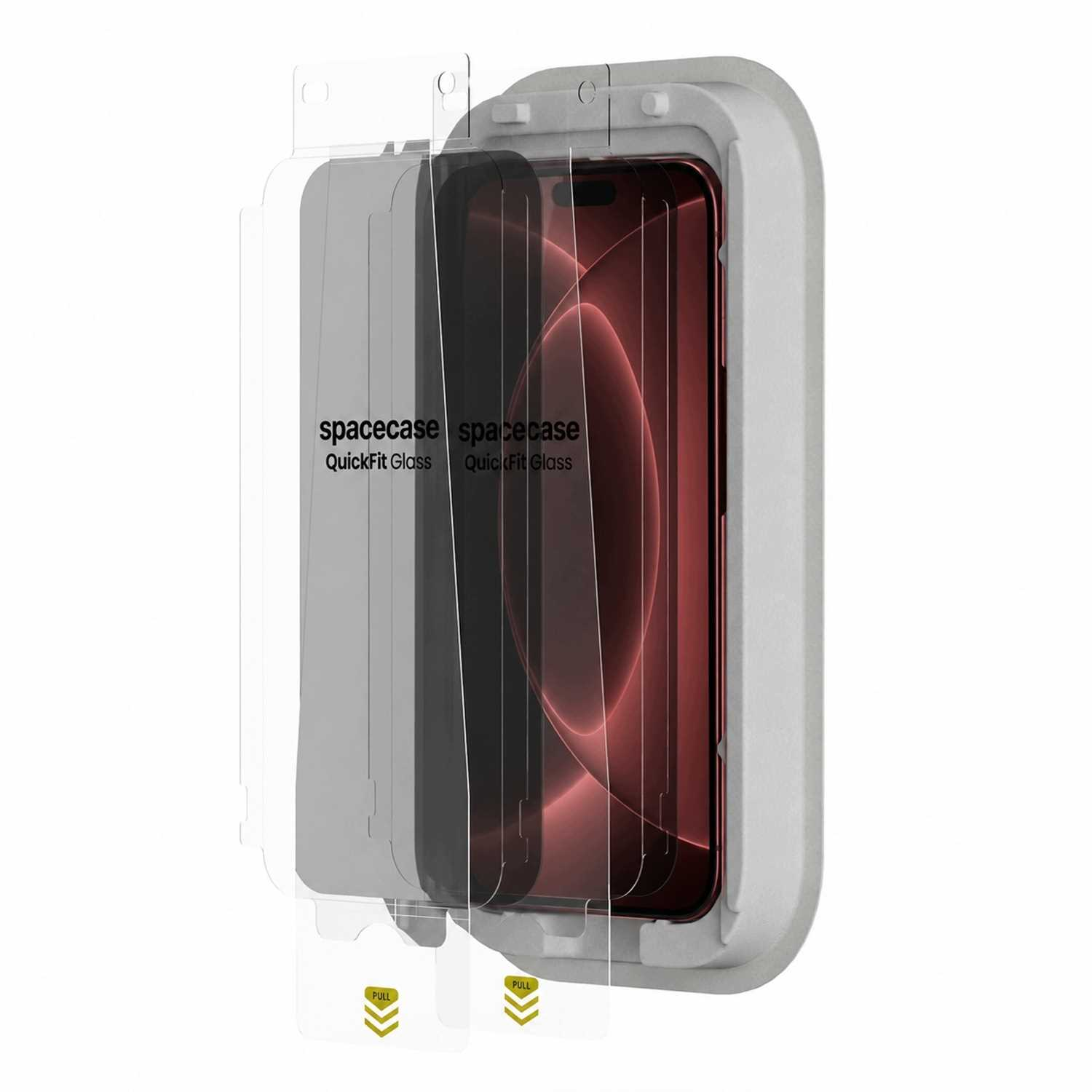 Smartfon w szarym uchwycie z dwiema przezroczystymi foliami ochronnymi QuickFit Glass.