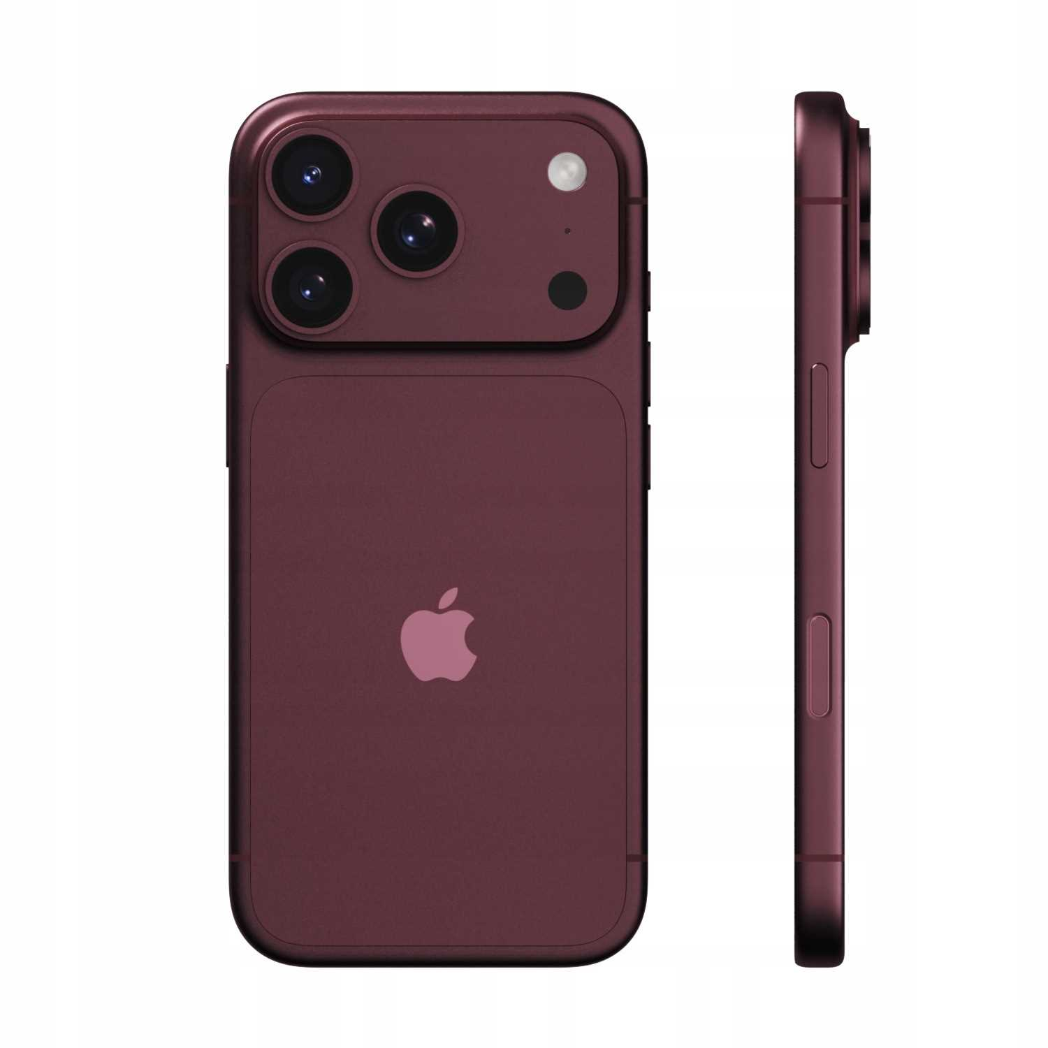 Ciemnofioletowy smartfon, widok z tyłu z trzema aparatami i logo Apple, obok widok z boku obudowy.