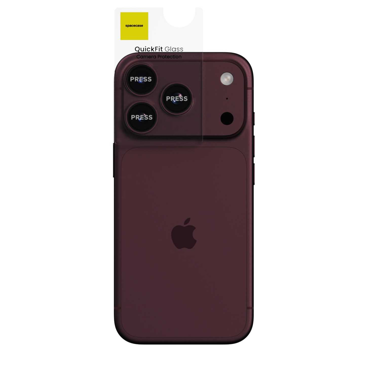 Ciemnoczerwony smartfon z logo Apple i ochroną aparatu QuickFit.