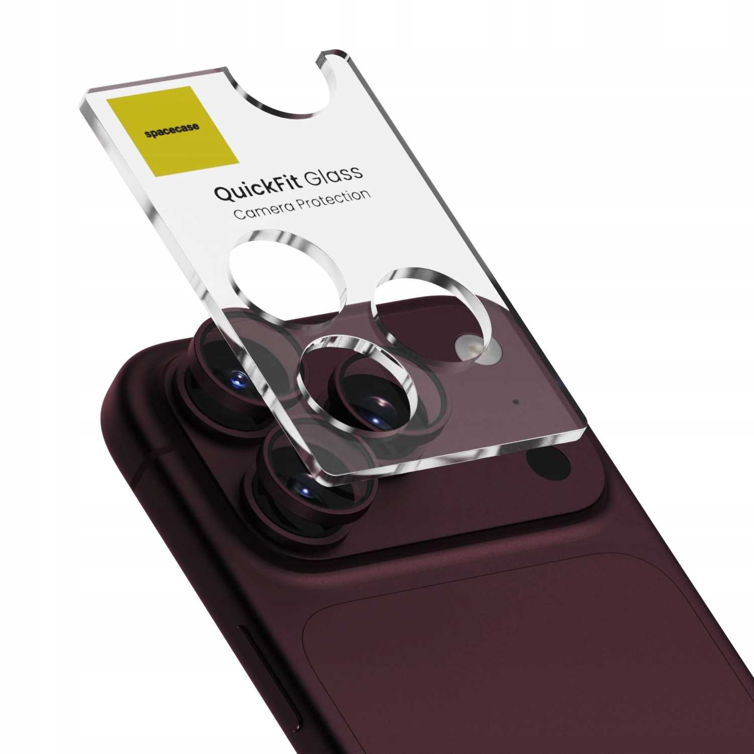 Osłona aparatu QuickFit Glass wyrównana nad potrójnym aparatem ciemnofioletowego smartfona.