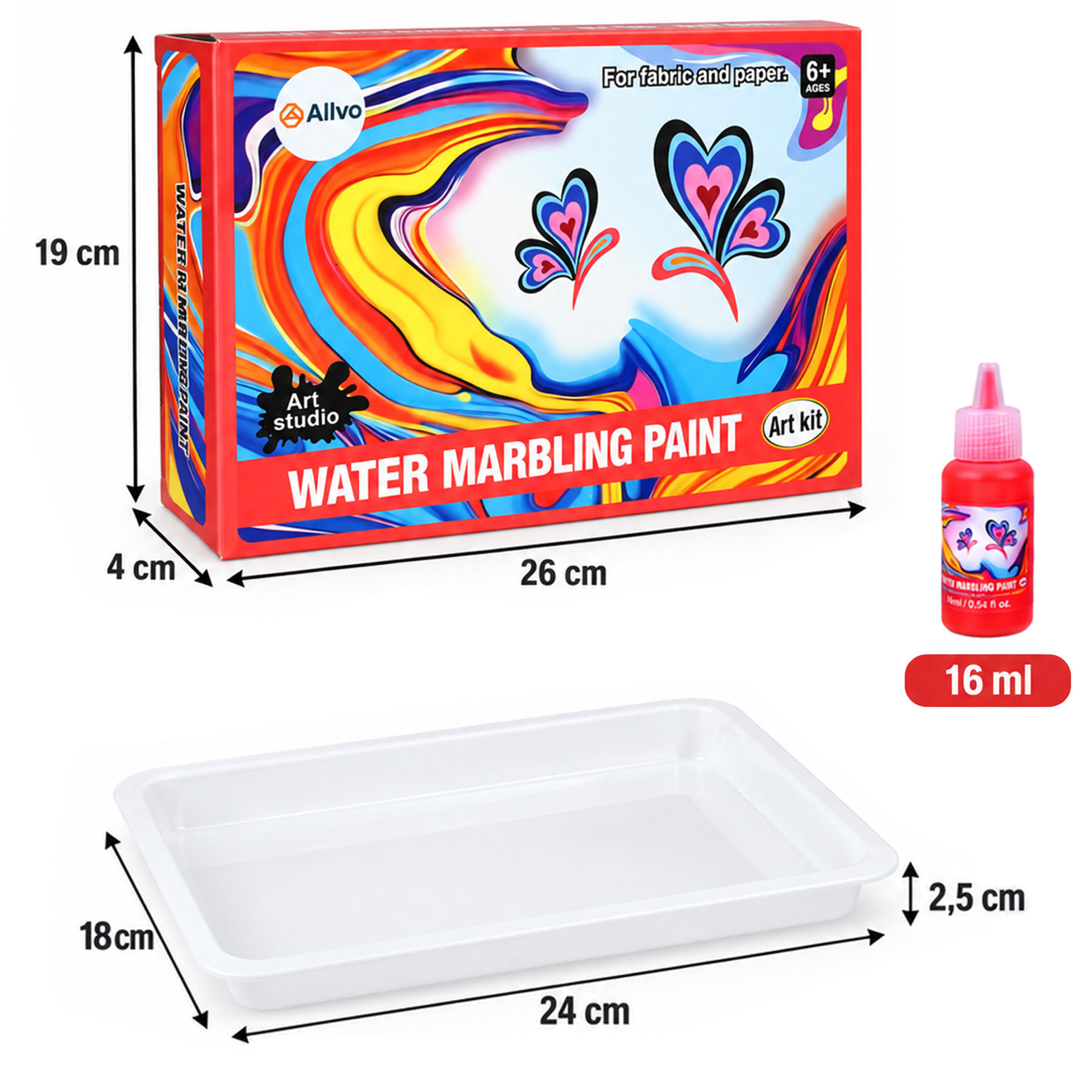 Zestaw do malowania metodą marmurkowania z kolorowym pudełkiem, czerwoną buteleczką farby (16 ml) i białą plastikową tacą.