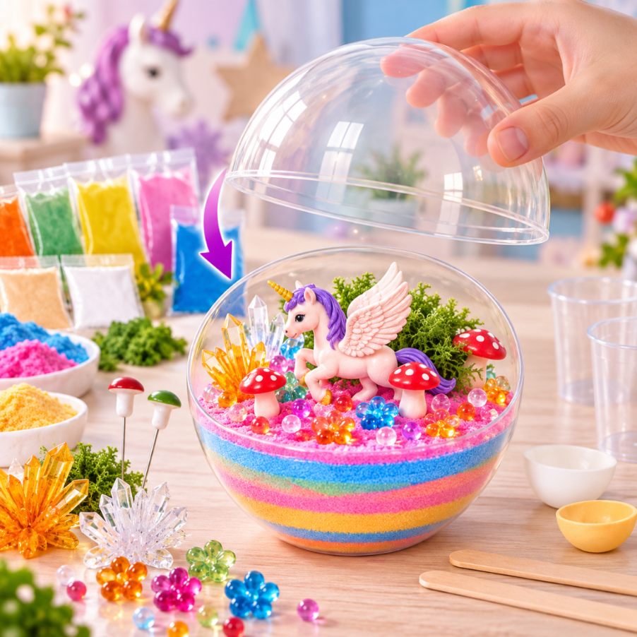 Ręka podnosi pokrywę przezroczystego terrarium z kolorowym piaskiem, jednorożcem, kryształami i grzybami.