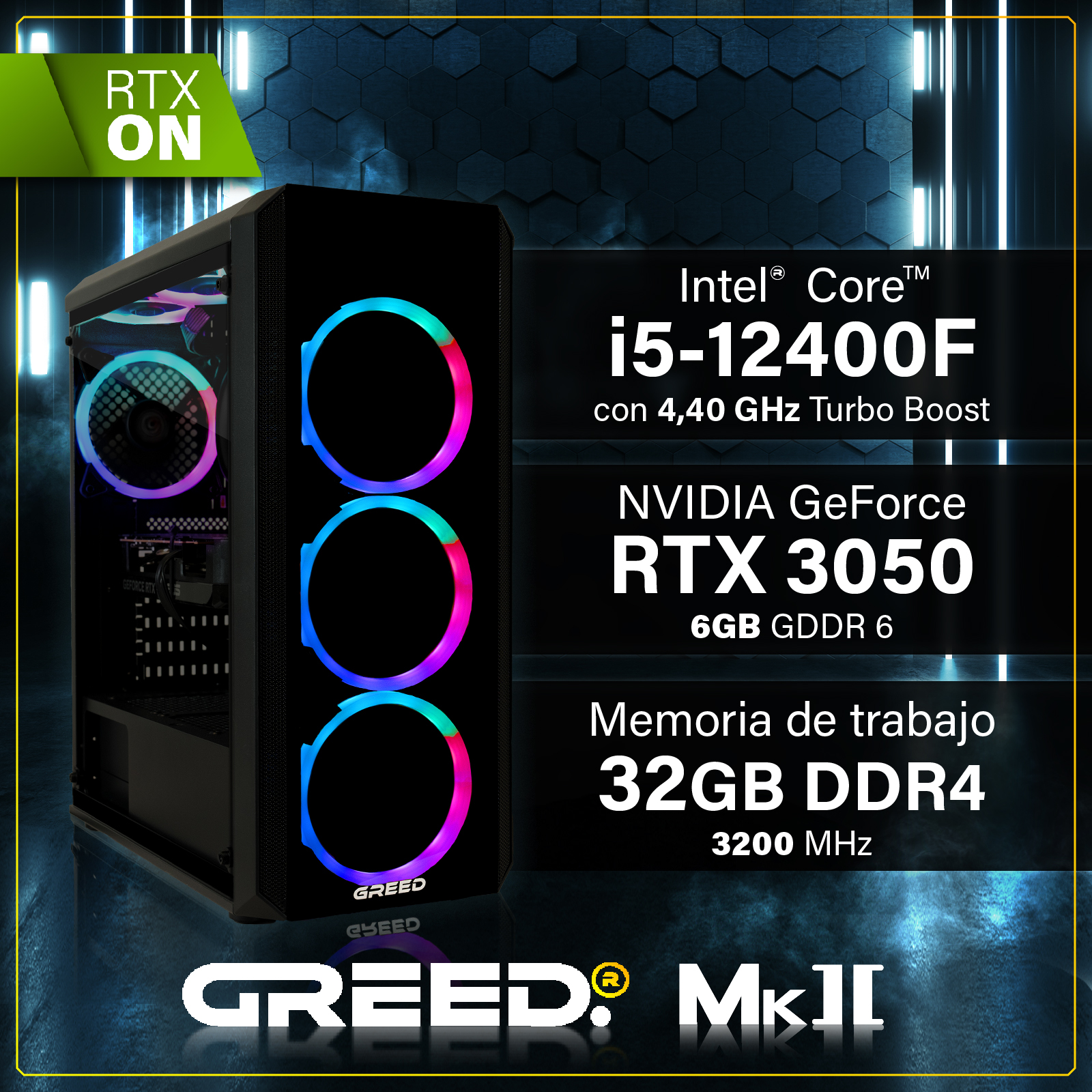 PC gaming negro con ventiladores RGB y especificaciones como i5-12400F y RTX 3050.