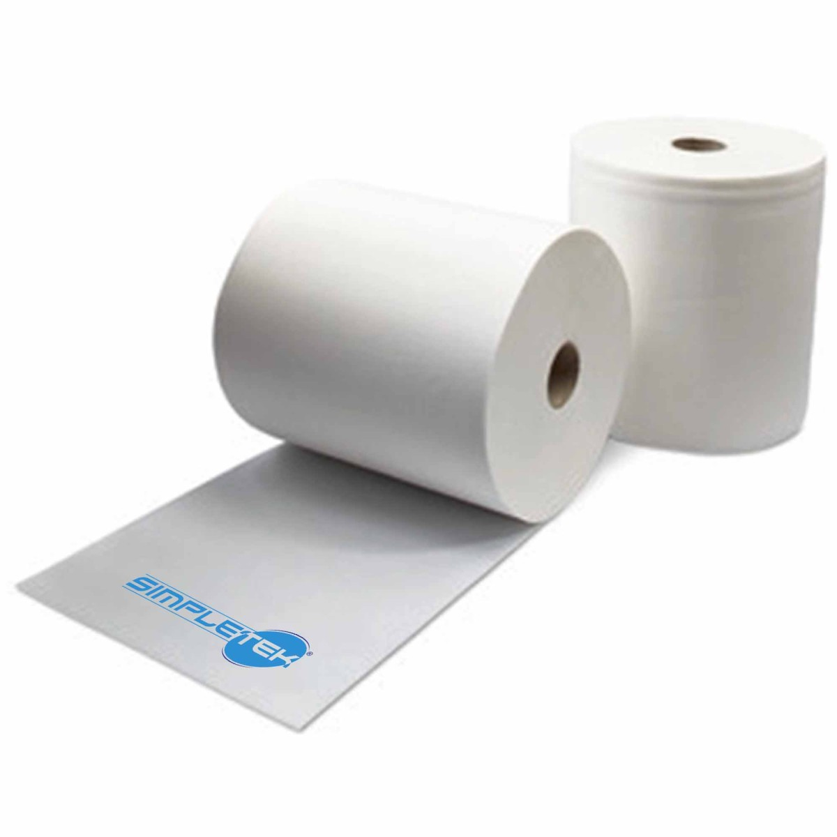 Due rotoli di carta bianca su sfondo bianco, uno sdraiato con un logo blu Simpletek srotolato.