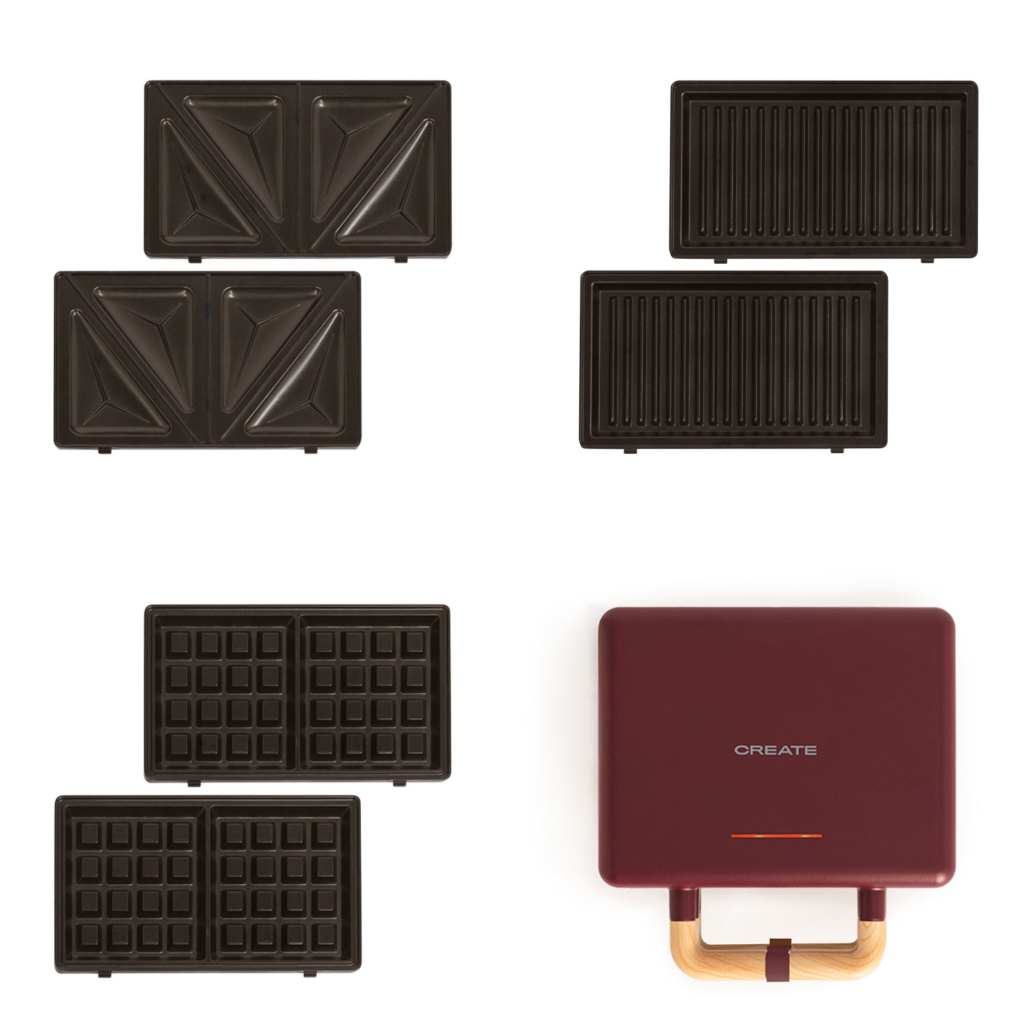 Sandwichera roja con asas de madera y placas intercambiables para sándwiches, grill y gofres.
