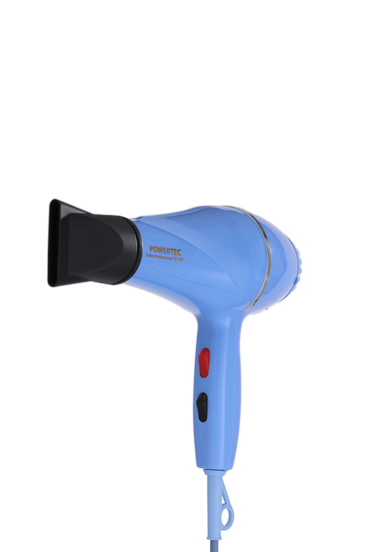 Beyaz arkaplanda siyah başlıklı, kırmızı ve siyah düğmeli mavi Powertec saç kurutma makinesi.