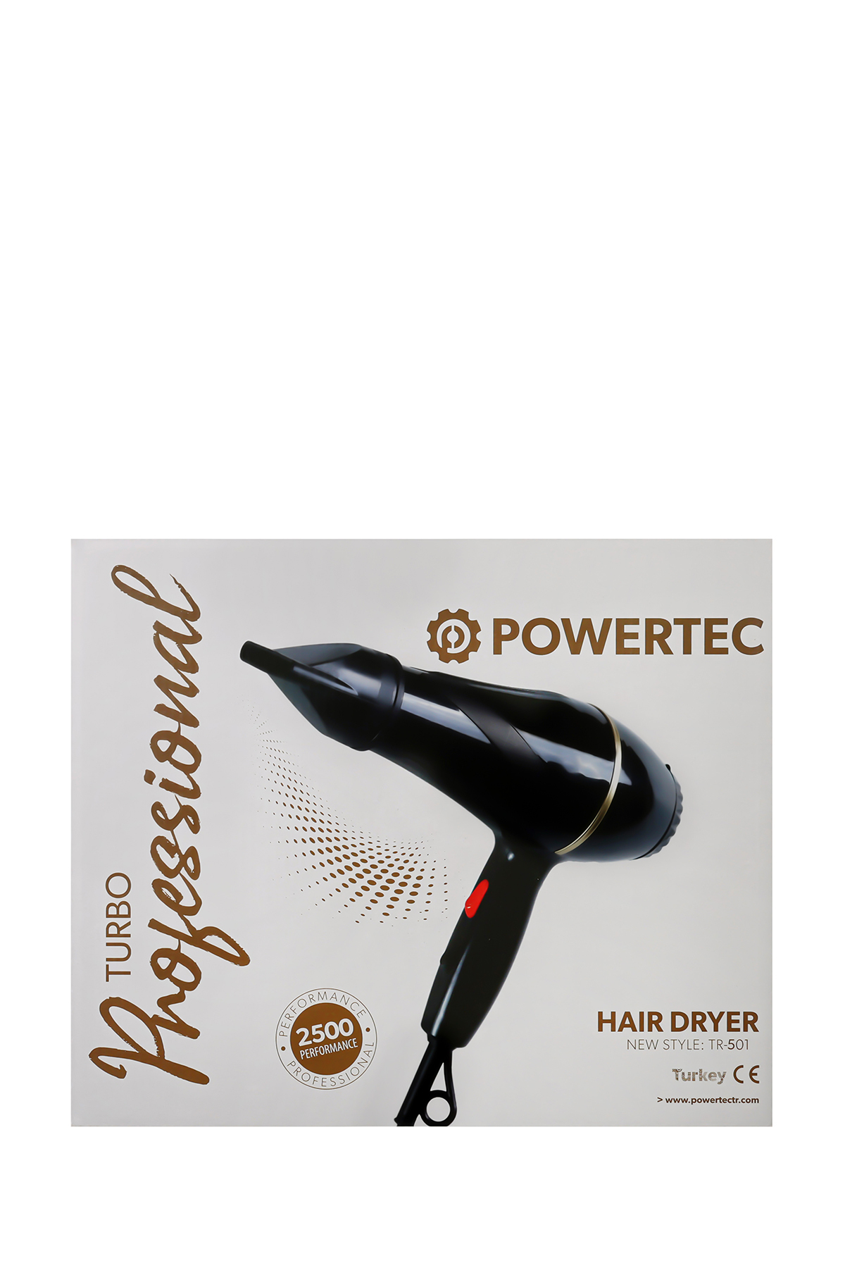 Siyah ve altın yazılı kutu üzerinde Powertec saç kurutma makinesi.