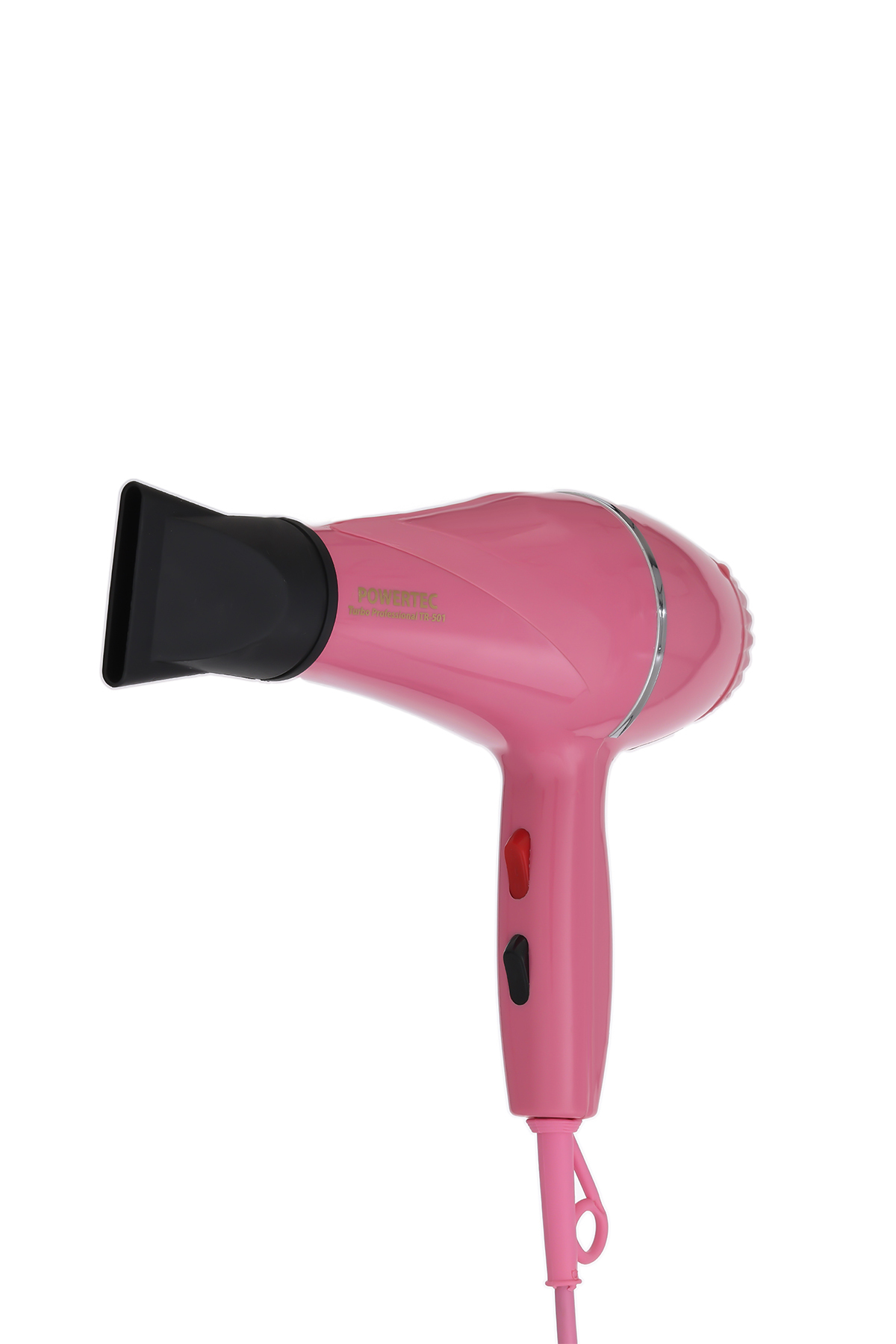 Beyaz arka planda siyah başlıklı ve kırmızı düğmeli pembe saç kurutma makinesi.