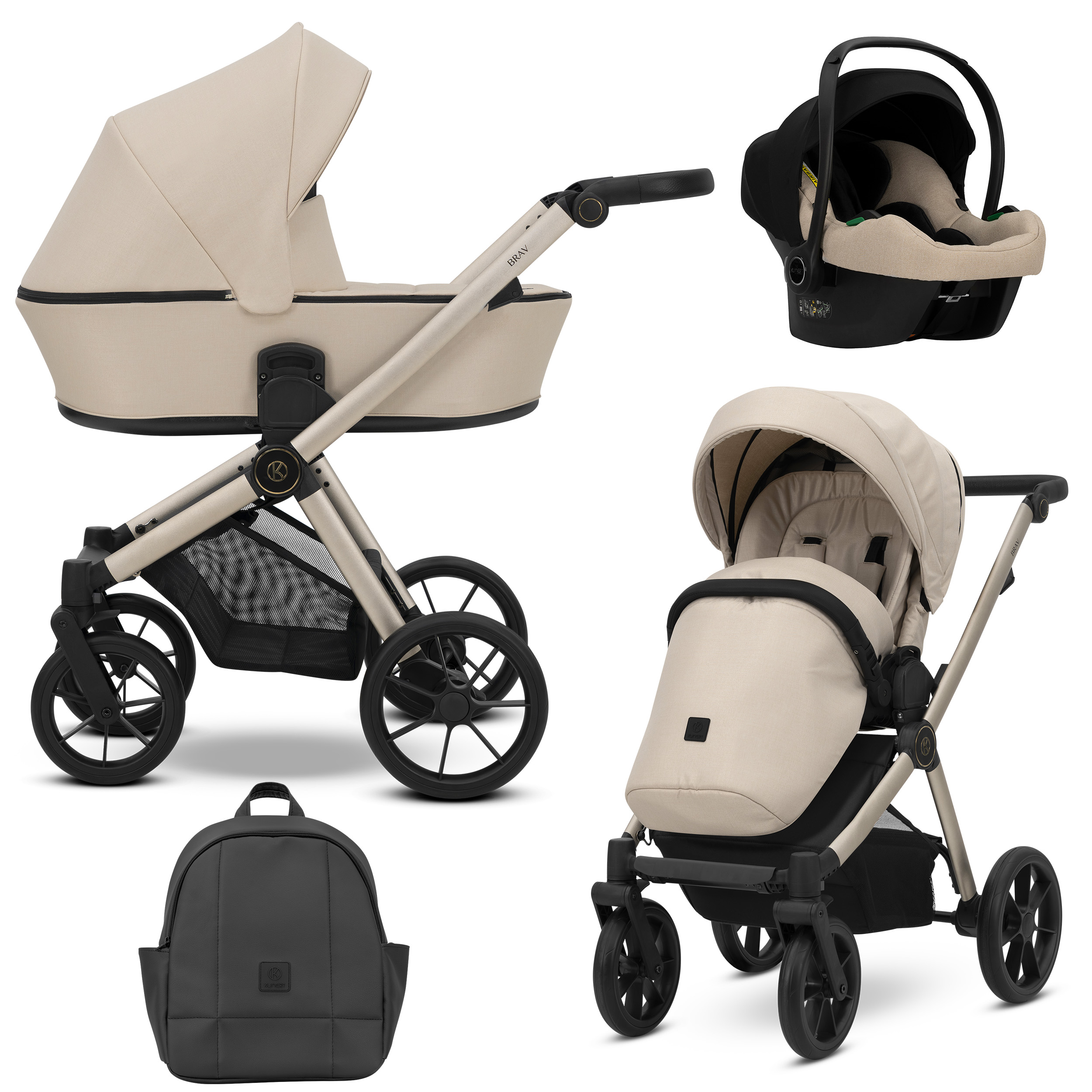 Beigefarbener Kinderwagen mit Babywanne, Sportsitz, Autositz und schwarzem Rucksack auf weißem Hintergrund.