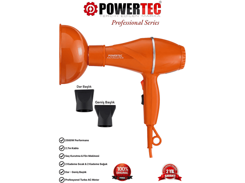 POWERTEC Vigo Başlık + TR-501 Profesyonel 1900 W Saç Kurutma Makinesi Turuncu