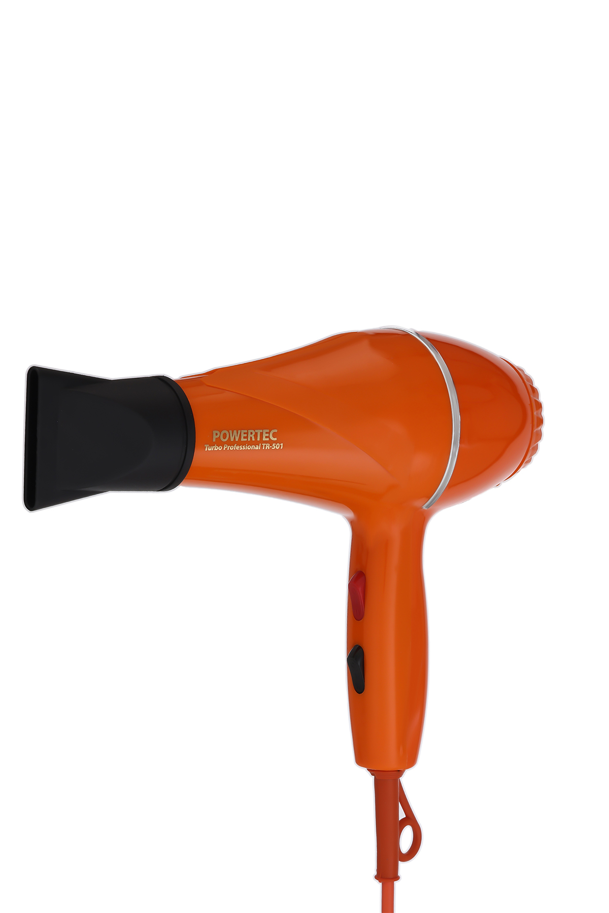 Siyah başlıklı ve tuşlu turuncu renkli Powertec saç kurutma makinesi, beyaz arka planda.