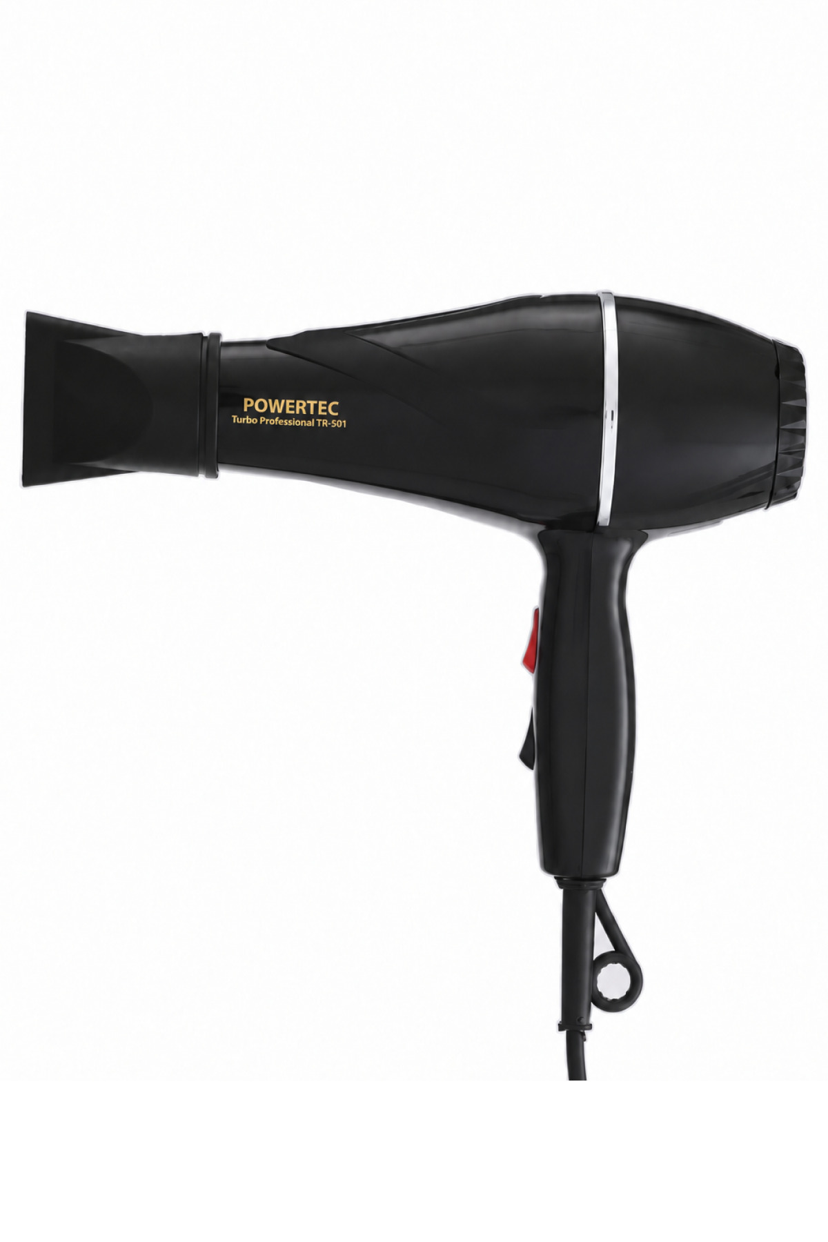 Beyaz arka planda başlık aparatına sahip siyah Powertec Turbo Professional TR-501 saç kurutma makinesi.