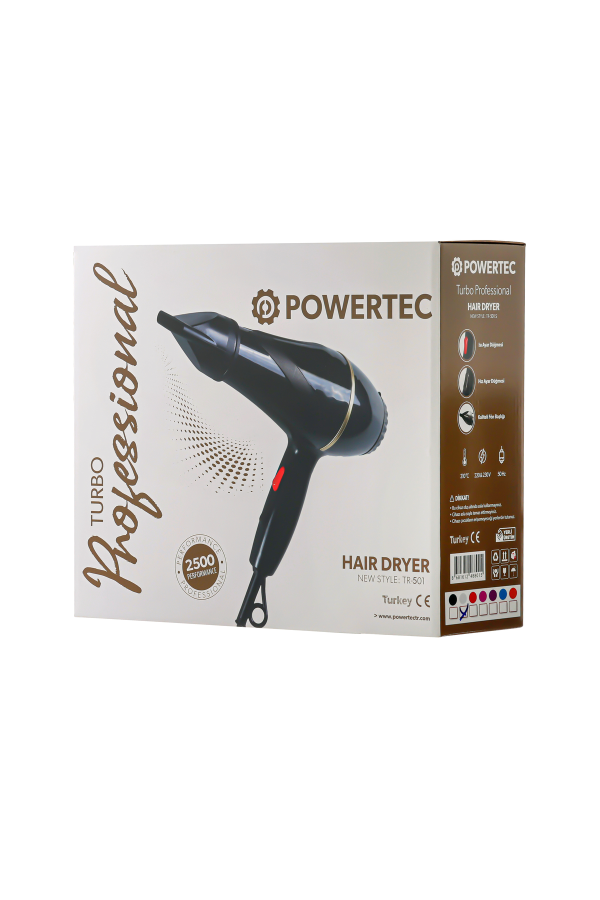 Siyah saç kurutma makinesinin görselinin yer aldığı Powertec Turbo Professional saç kurutma makinesi kutusu.