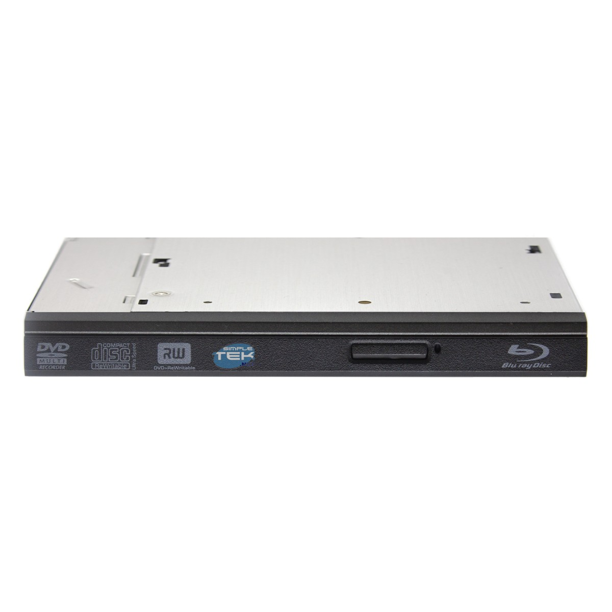Un masterizzatore DVD argento e nero con logo Blu-ray Disc sul pannello frontale, su sfondo bianco.