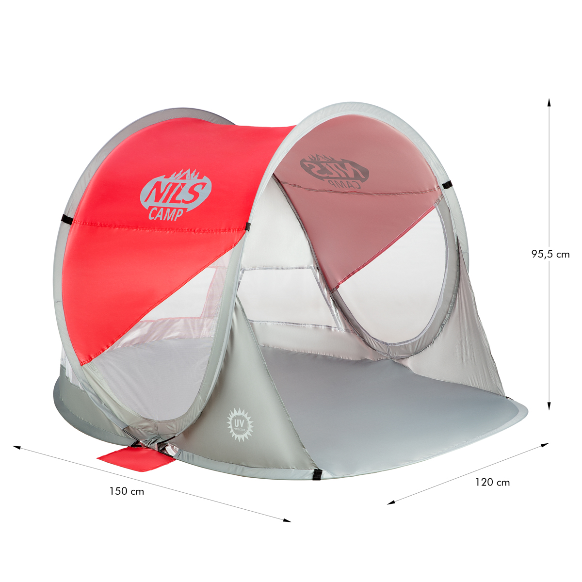 Czerwono-szary namiot plażowy typu pop-up o wymiarach 150x120x95,5 cm z logo z przodu.