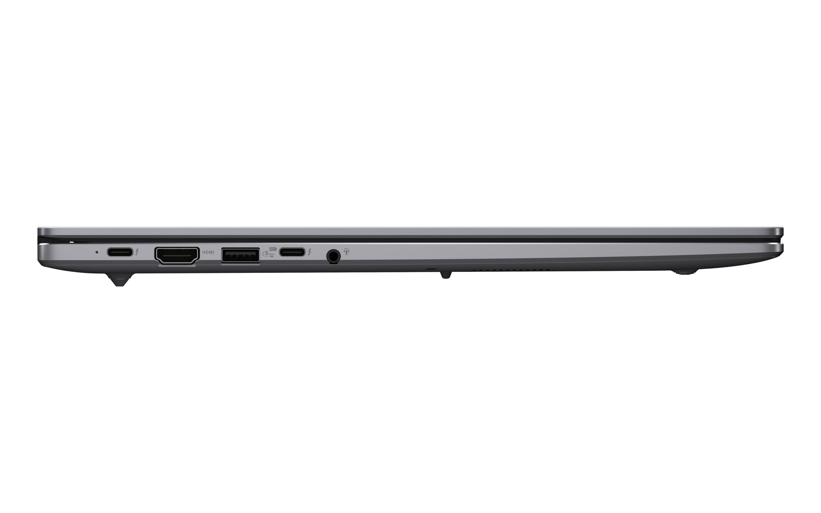 Vista laterale di un laptop grigio con varie porte tra cui USB, HDMI e audio.