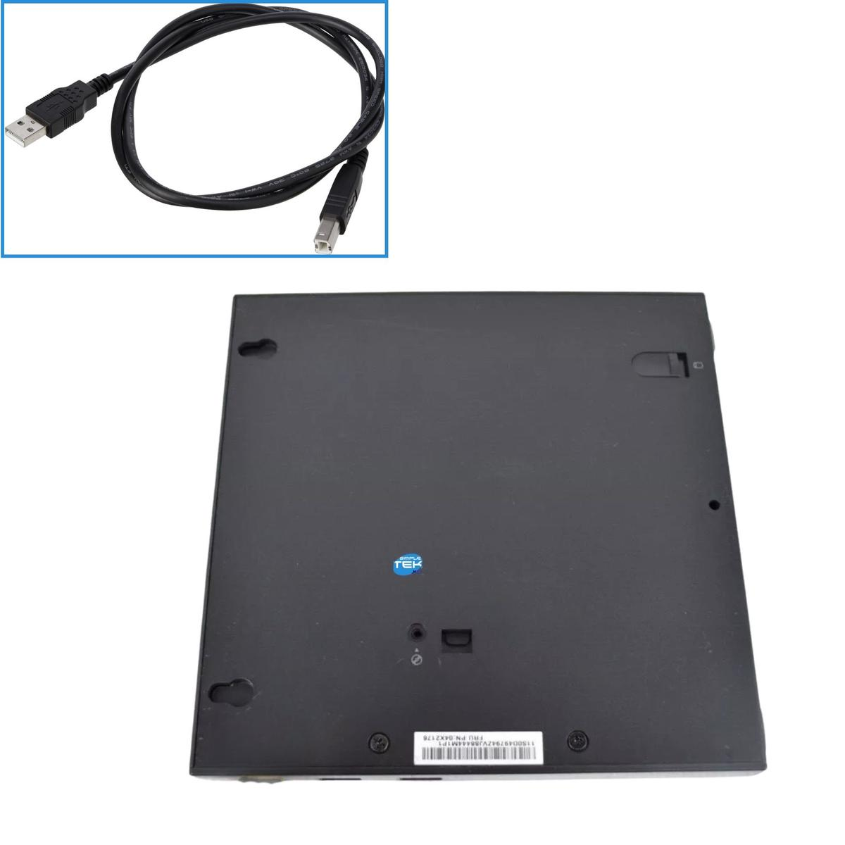 Un'unità disco ottica nera con cavo USB sopra su sfondo bianco.